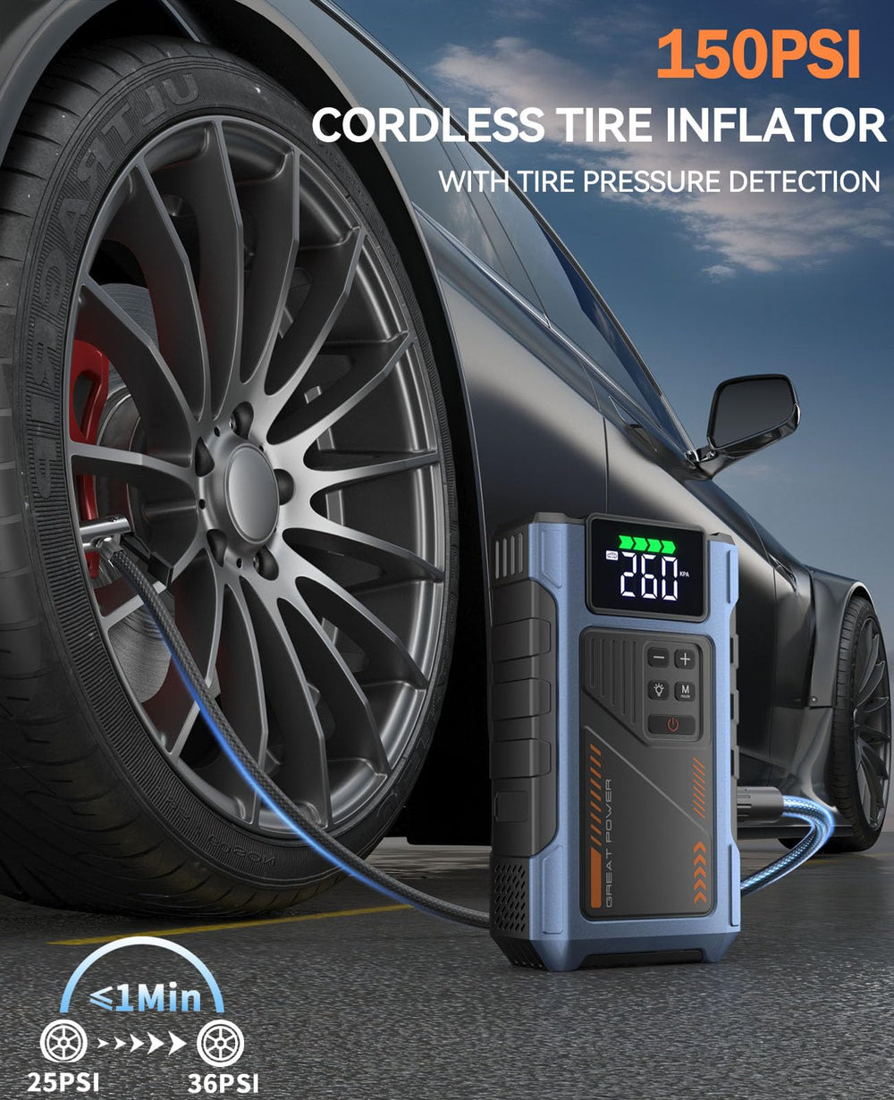 Geeneu 150psi tire inflator in action for car tires.