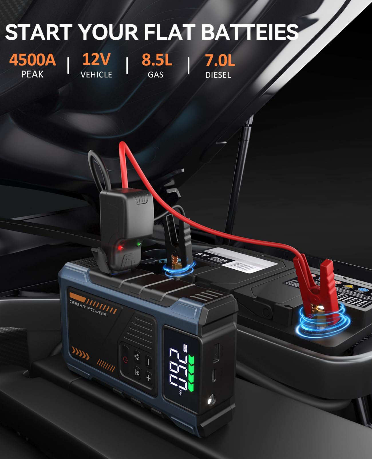Geeneu jump starter with air compressor inflating a tire.