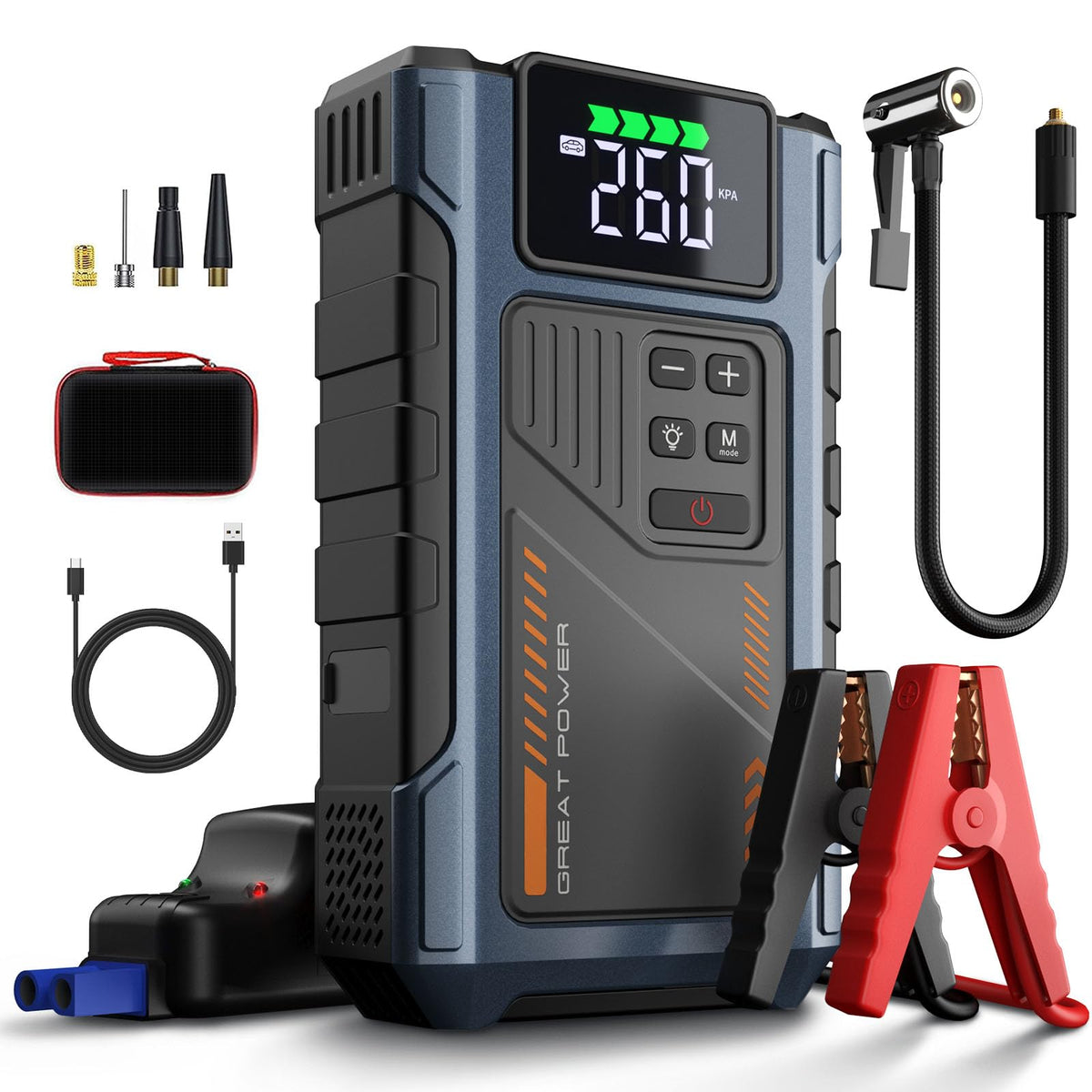 Geeneu jump starter front view powers a dead battery at roadside.