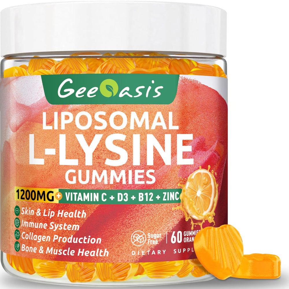 Geeoasis Liposomal L-Lysine Gummies bottle pour for daily immune and skin support.