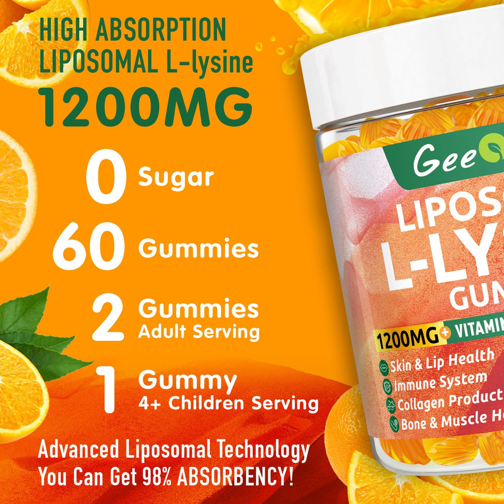 Geeoasis Liposomal L-Lysine Gummies adult dosing visual shows two gummies daily.