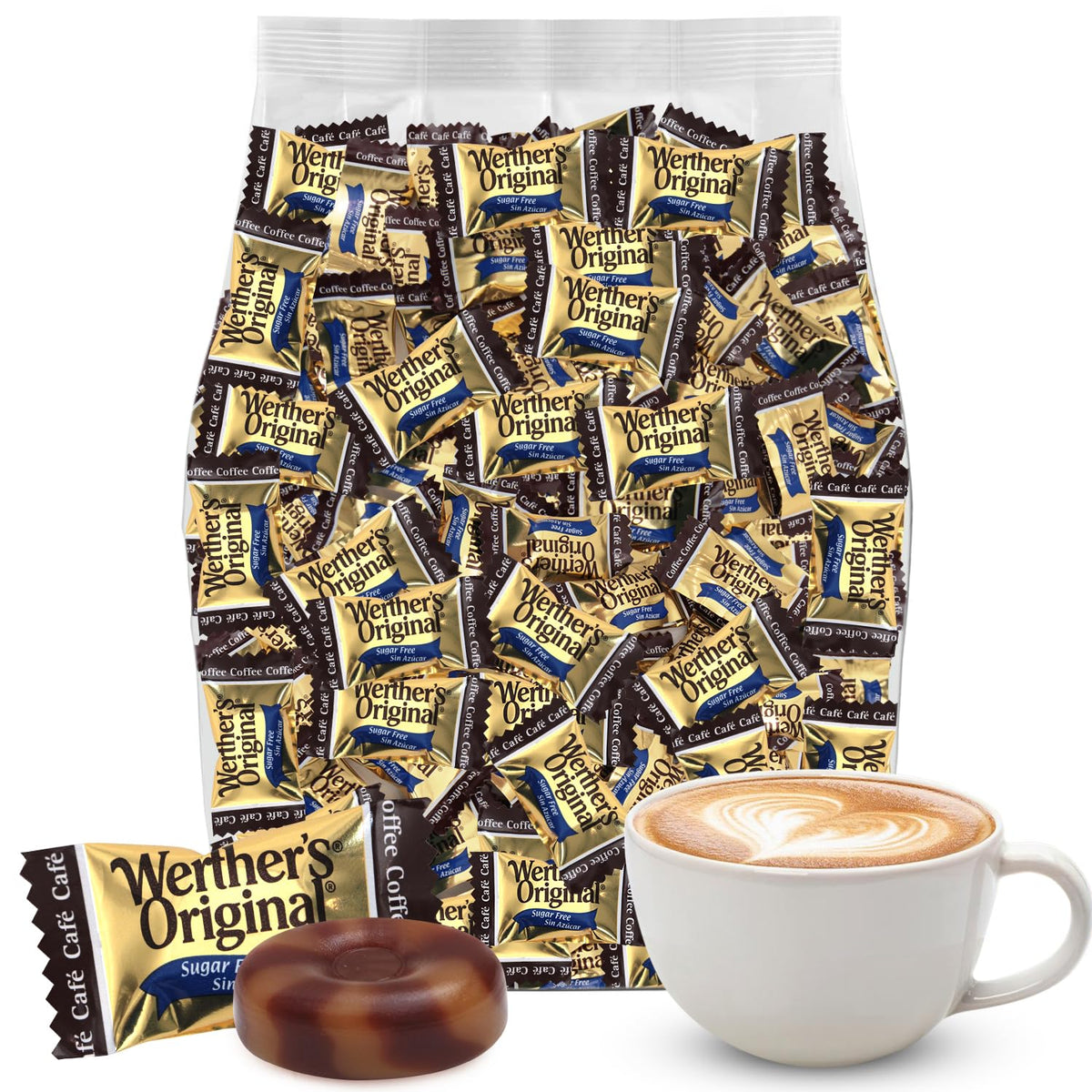 GEEOOLLAH Werther's Original sugar-free coffee caramel candy pack, a guilt-free coffee caramel treat.