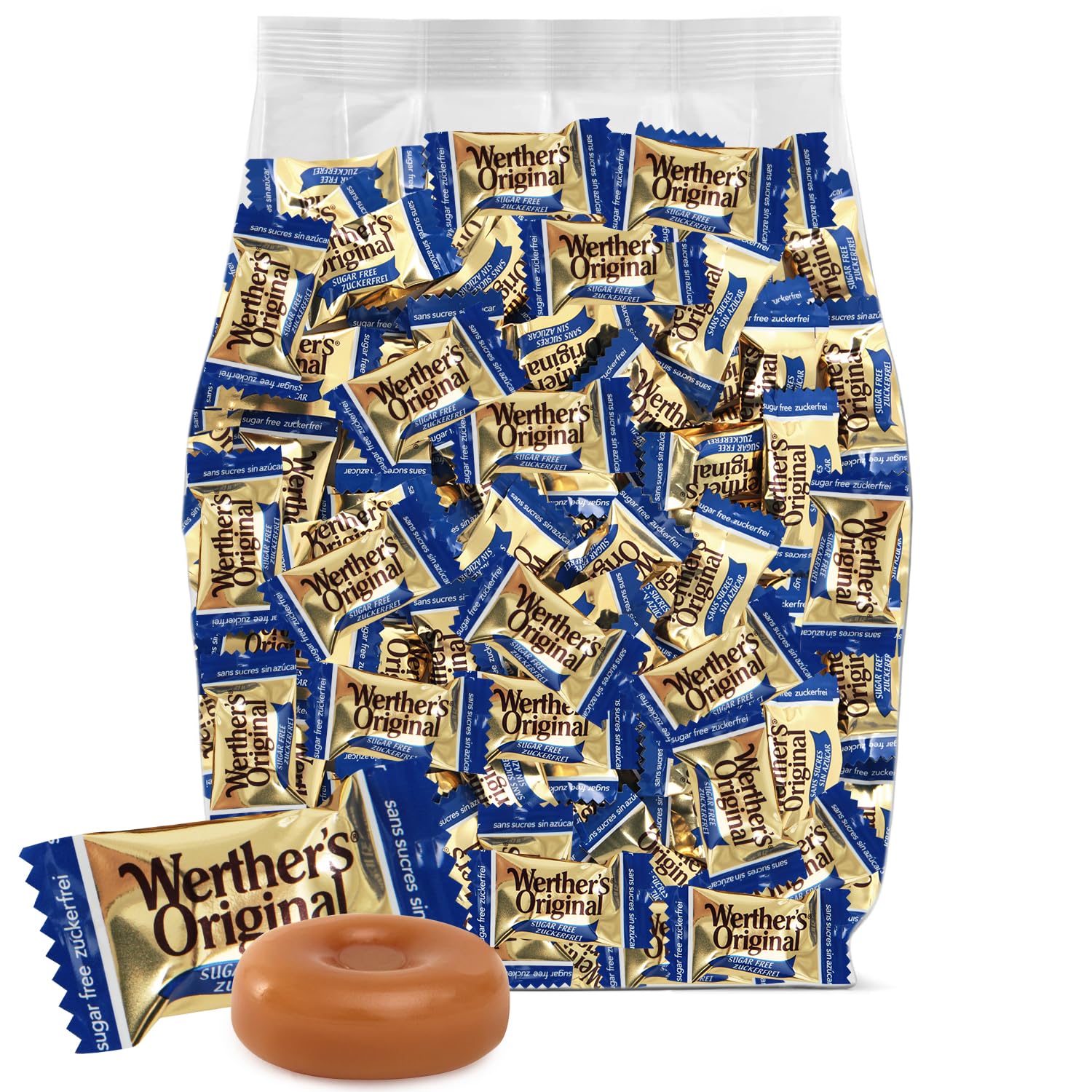 GEEOOLLAH Werther's Original Sugarfree caramel bite closeup, creamy melt for satisfying sweetness