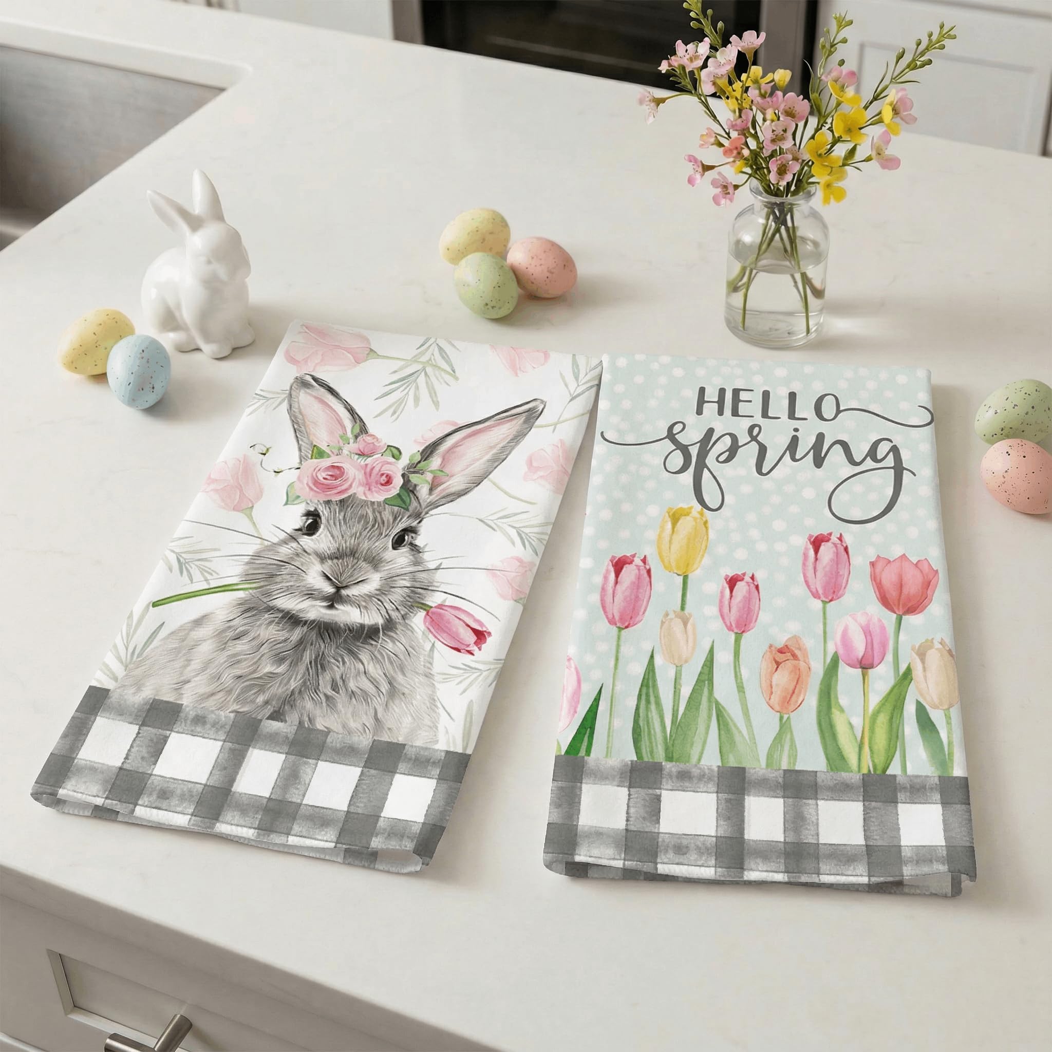 Geeory Easter towels with black buffalo plaid add cozy farmhouse style to daily tasks.