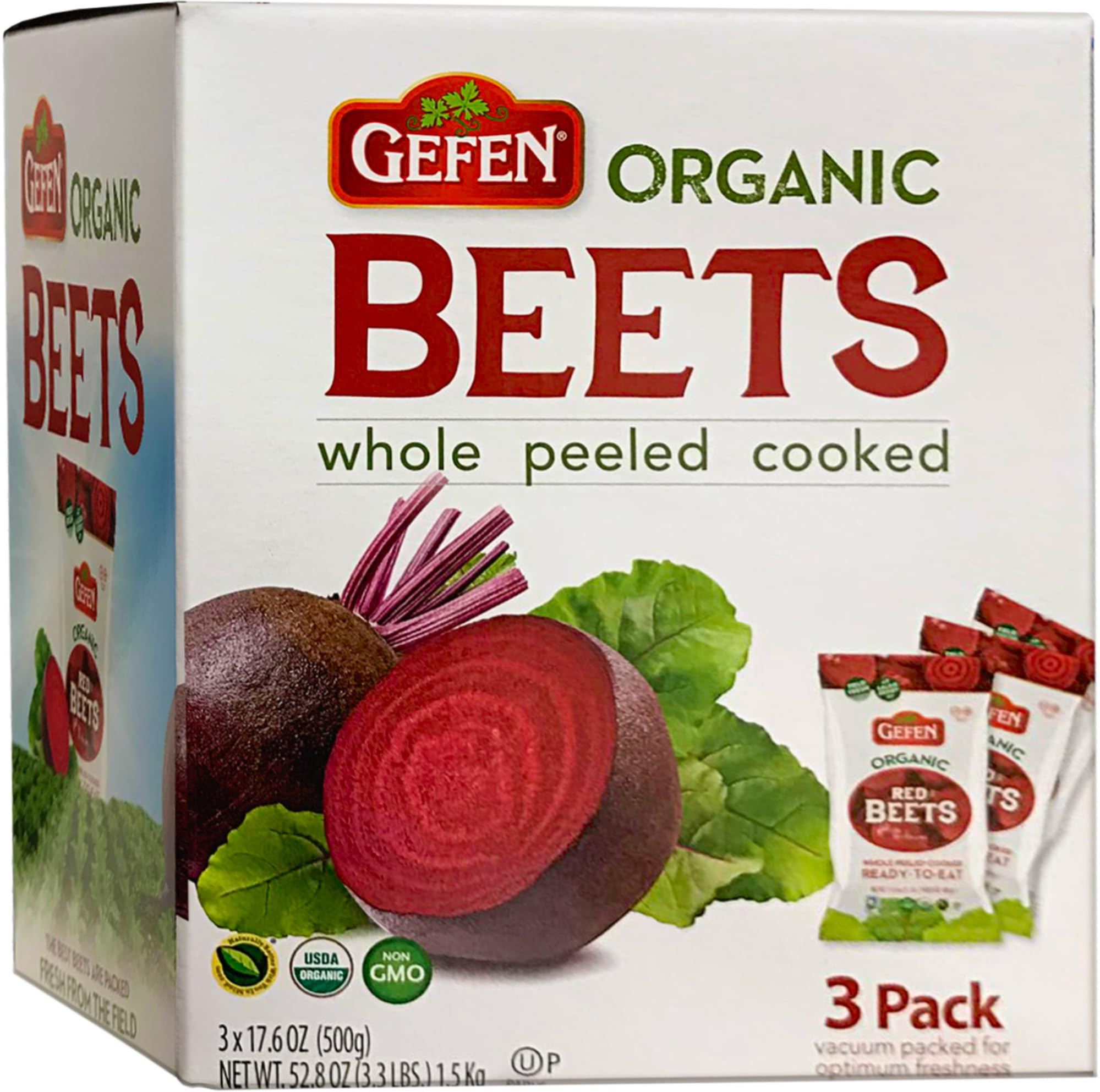 Gefen Organic Red Beets, whole peeled and cooked, ready to eat.