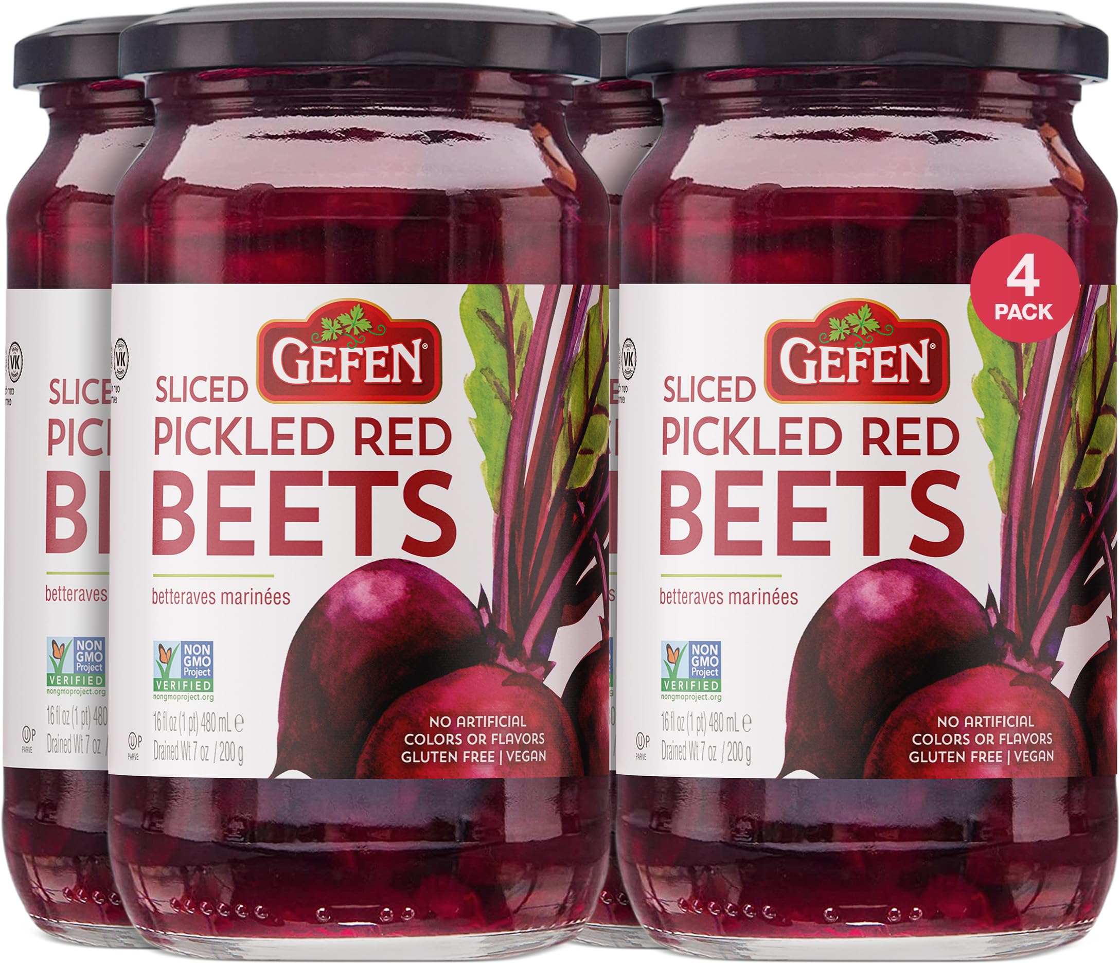 Gefen sliced pickled beets four-pack on shelf, ideal salad topper.