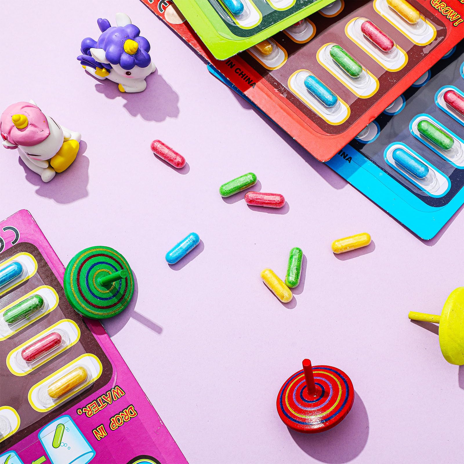 Gejoy bath-time foam capsules provide soft squeezable toys after expansion.