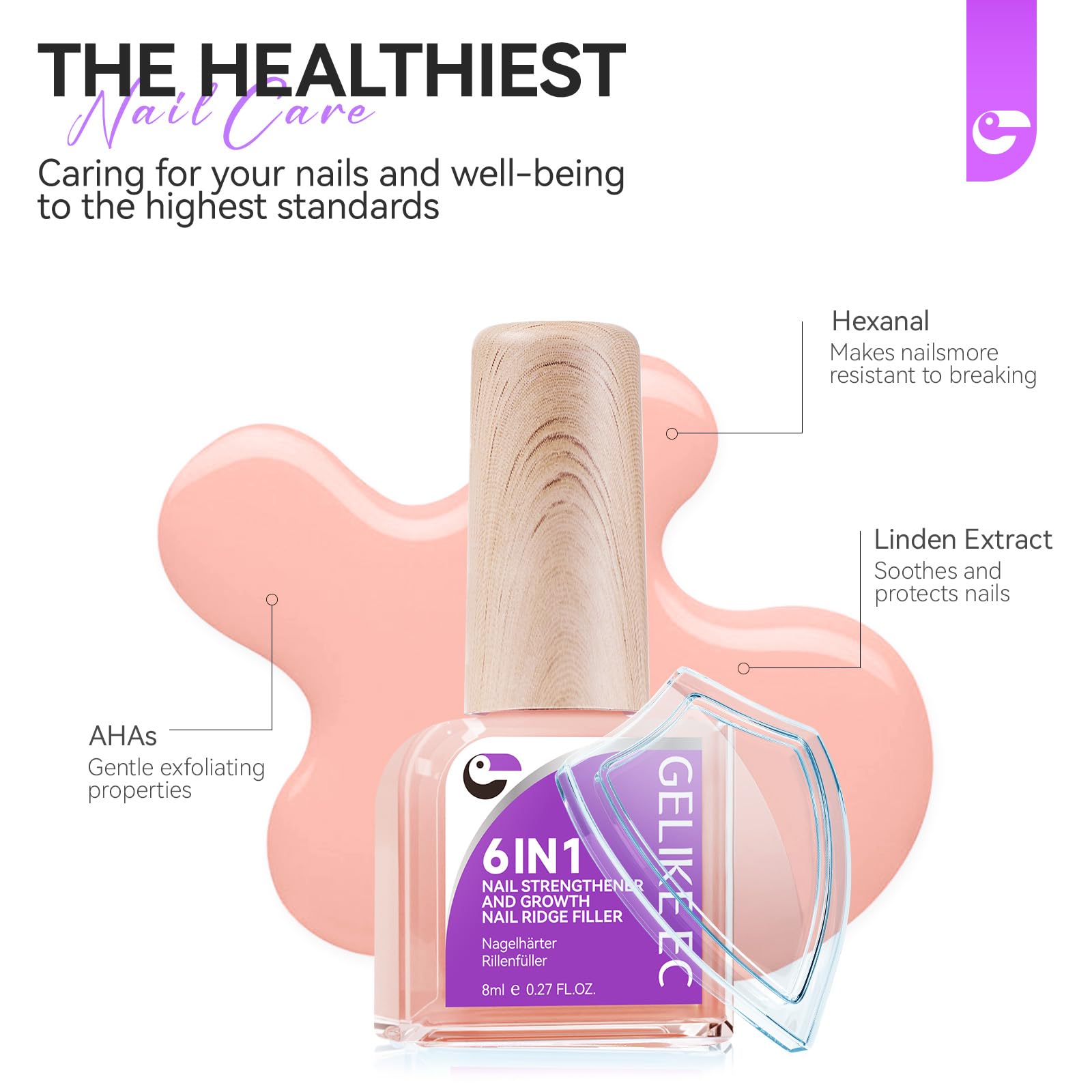 Gelike EC Nail Growth Strengthener close-up reveals quick-dry glossy texture.