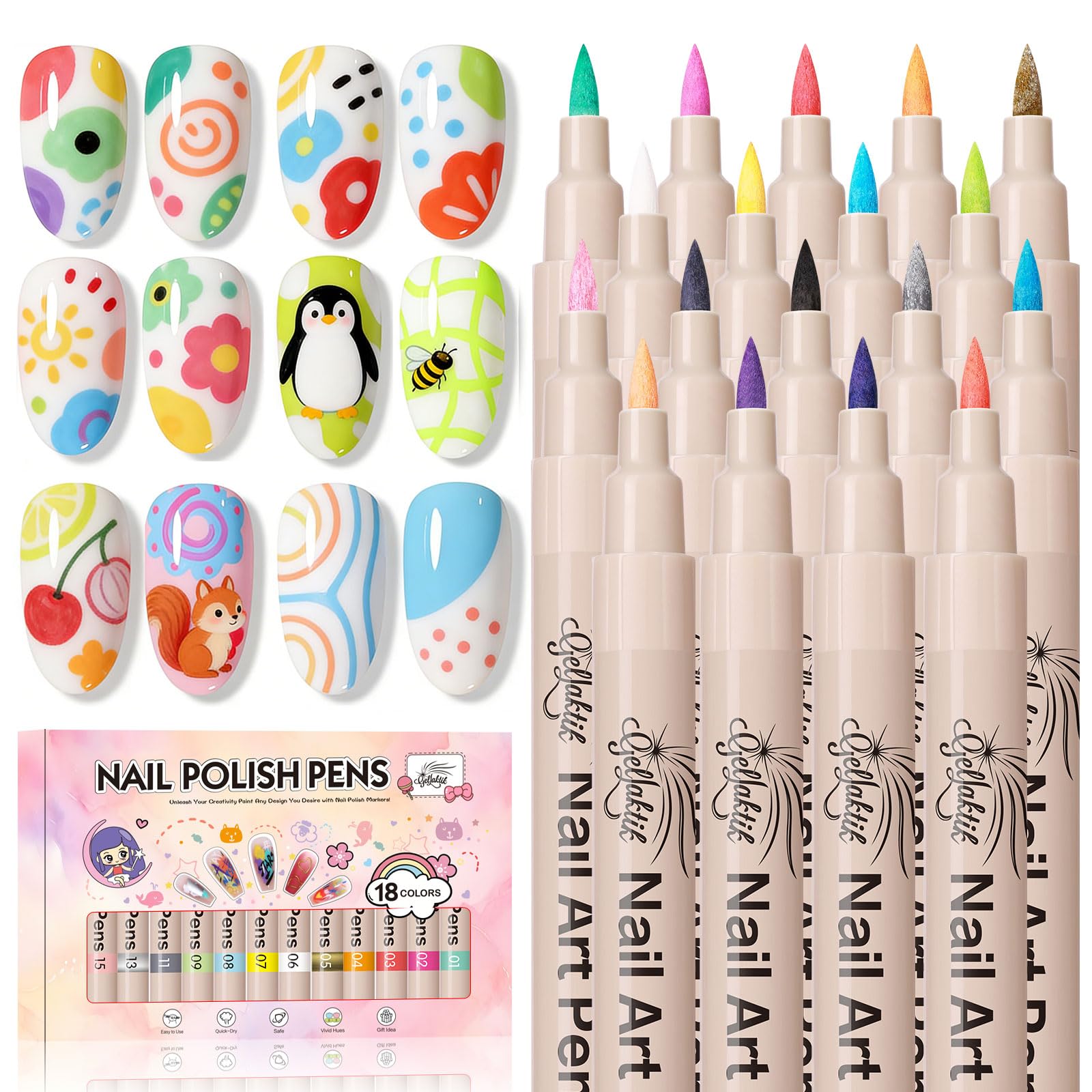 GELLAKTIK nail art pens in a vibrant 18-color set for precise at-home manicure designs.
