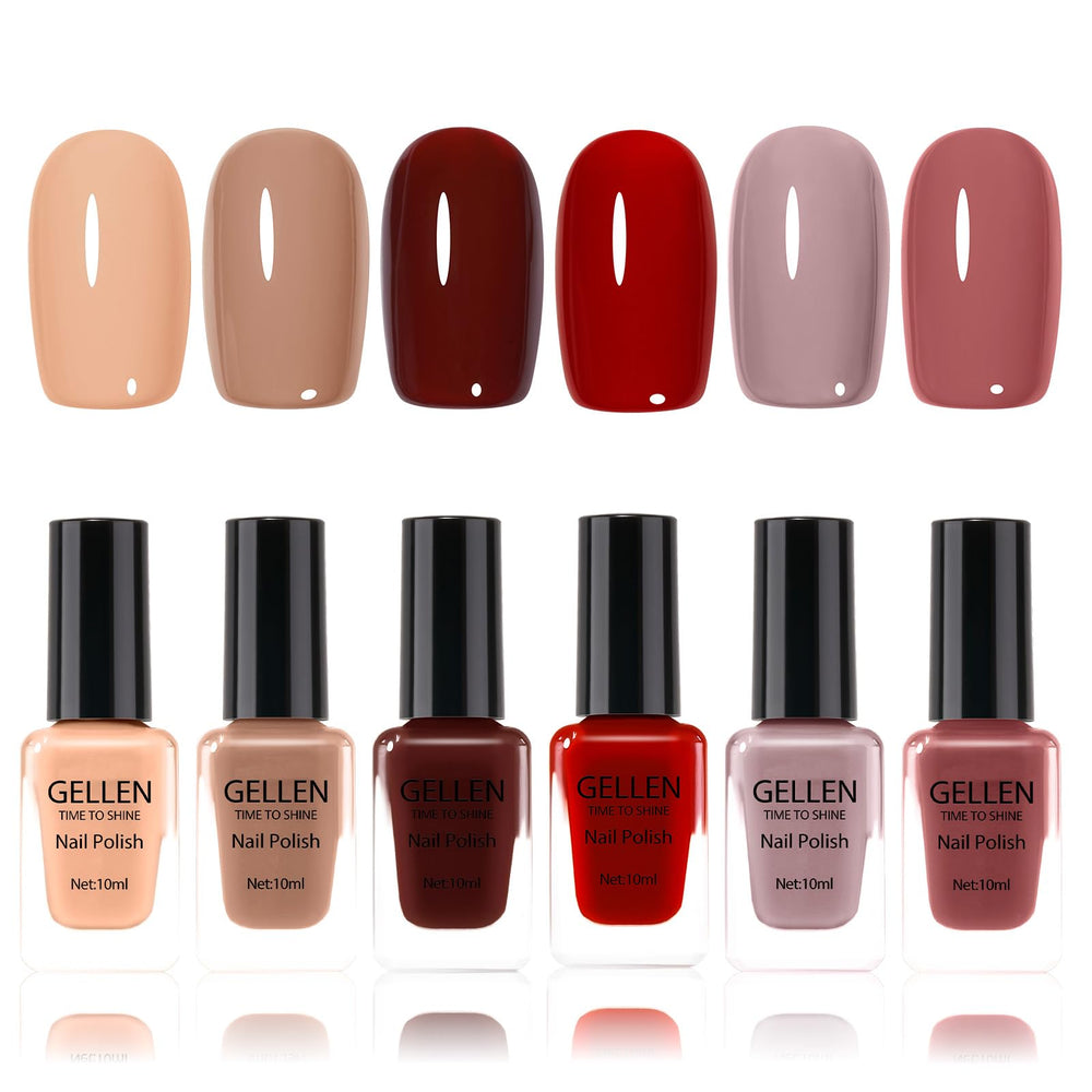 GELLEN Nail Polish Set swatches in nude, red, and brown for versatile looks.