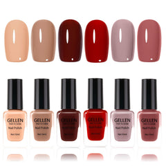 GELLEN Nail Polish Set swatches in nude, red, and brown for versatile looks.