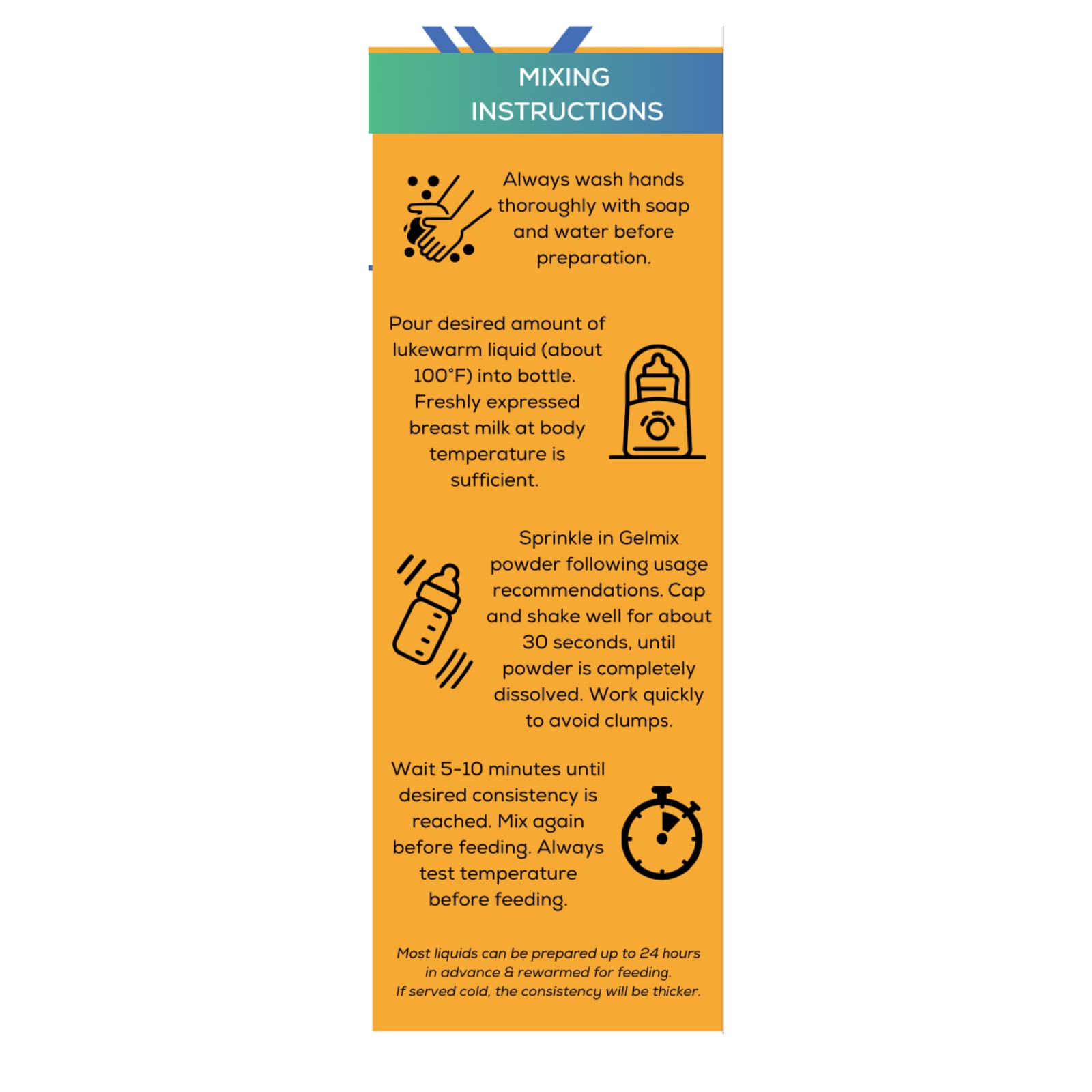Gelmix thickener jar close-up highlights allergen-free formula option for parents.