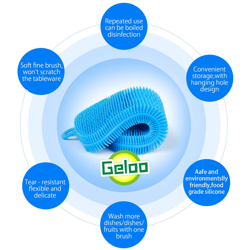 Geloo silicone sponge dish brush heat-resistant up to 500 F for durable use.