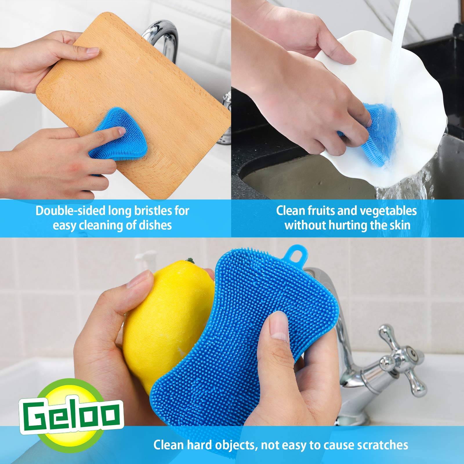 Geloo silicone sponge dish brush is multipurpose for dishes, fruits, and more.