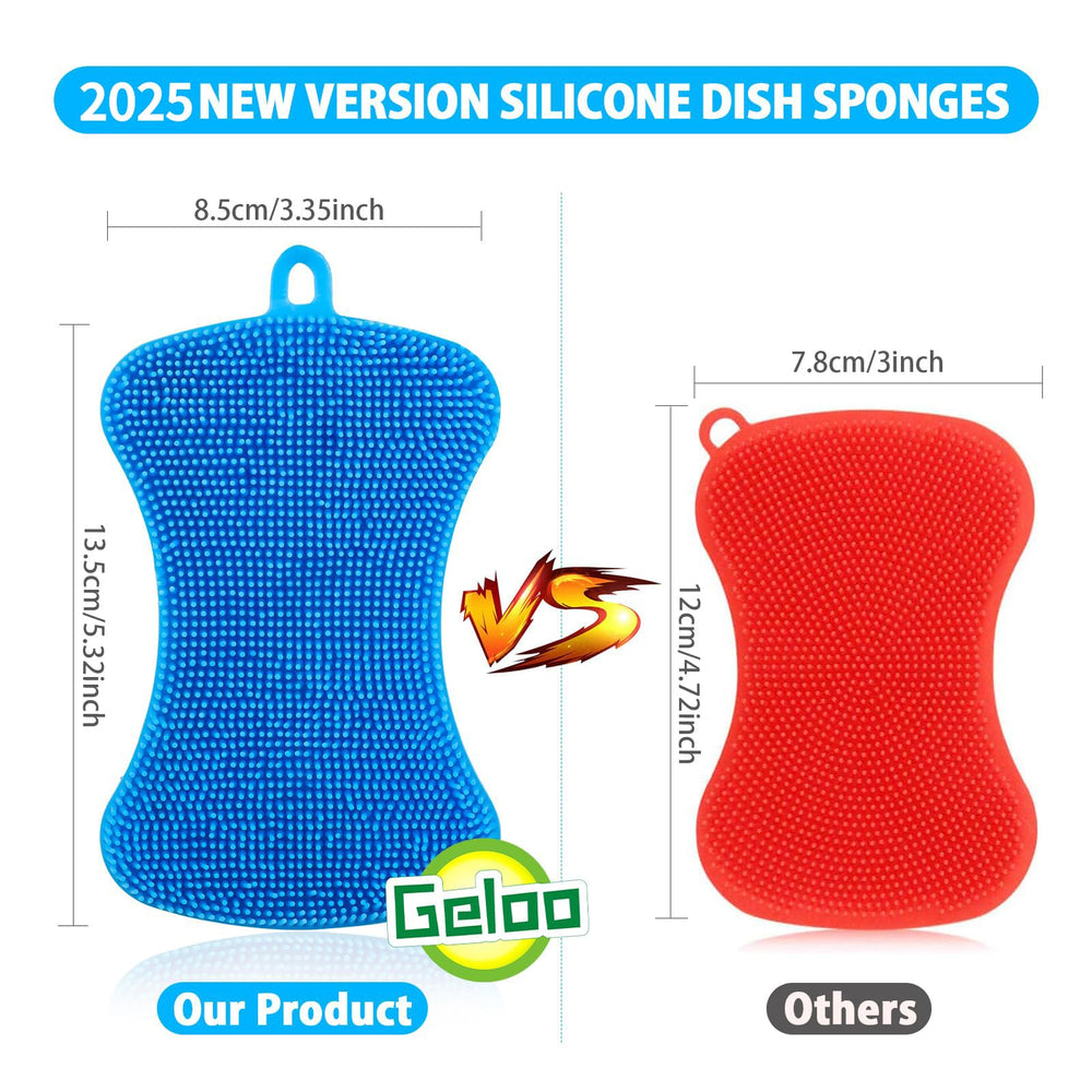 Geloo silicone sponge dish brush features soft bristles for scratch-free scrubbing.