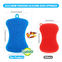 Geloo silicone sponge dish brush features soft bristles for scratch-free scrubbing.