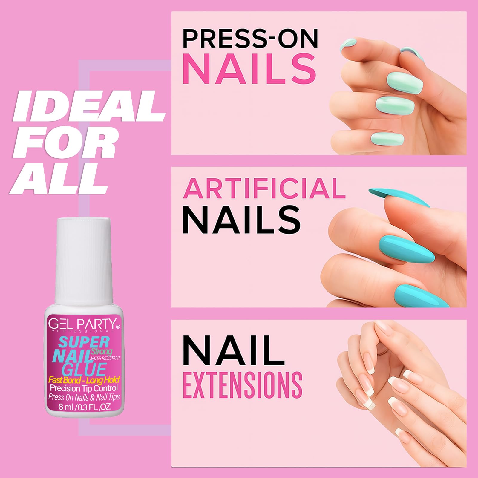 GEL PARTY dries clear to maintain a natural look on tips.