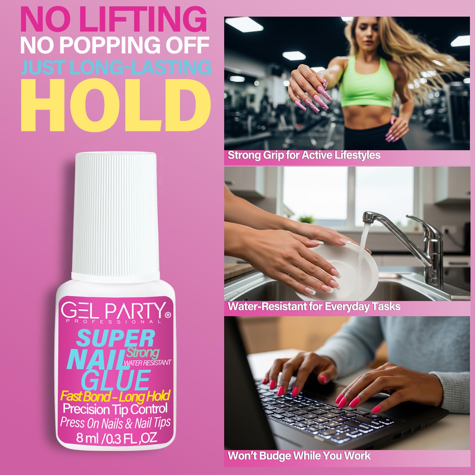 GEL PARTY long-lasting bond supports durable press-on nails throughout the week.