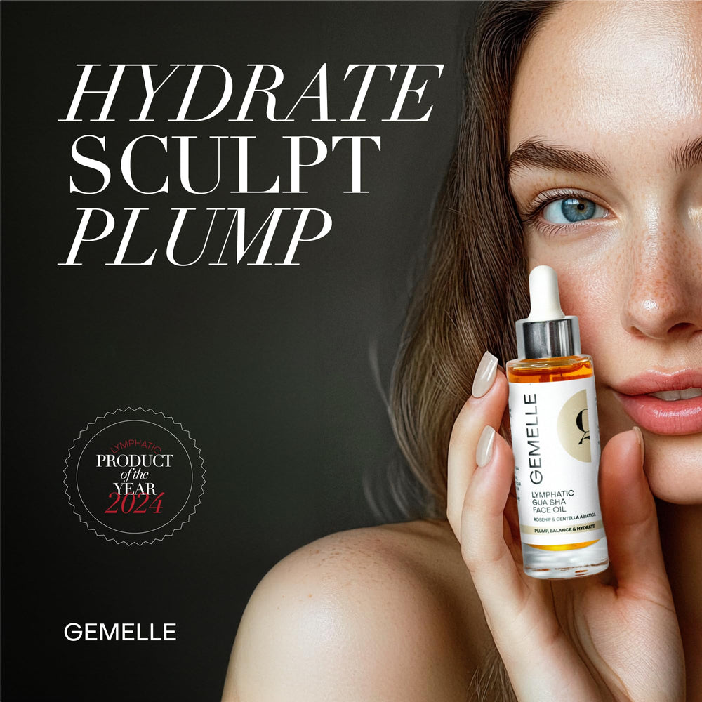 Gemelle glide-friendly bottle texture shows lightweight, quick-absorbing oil for facial tools.