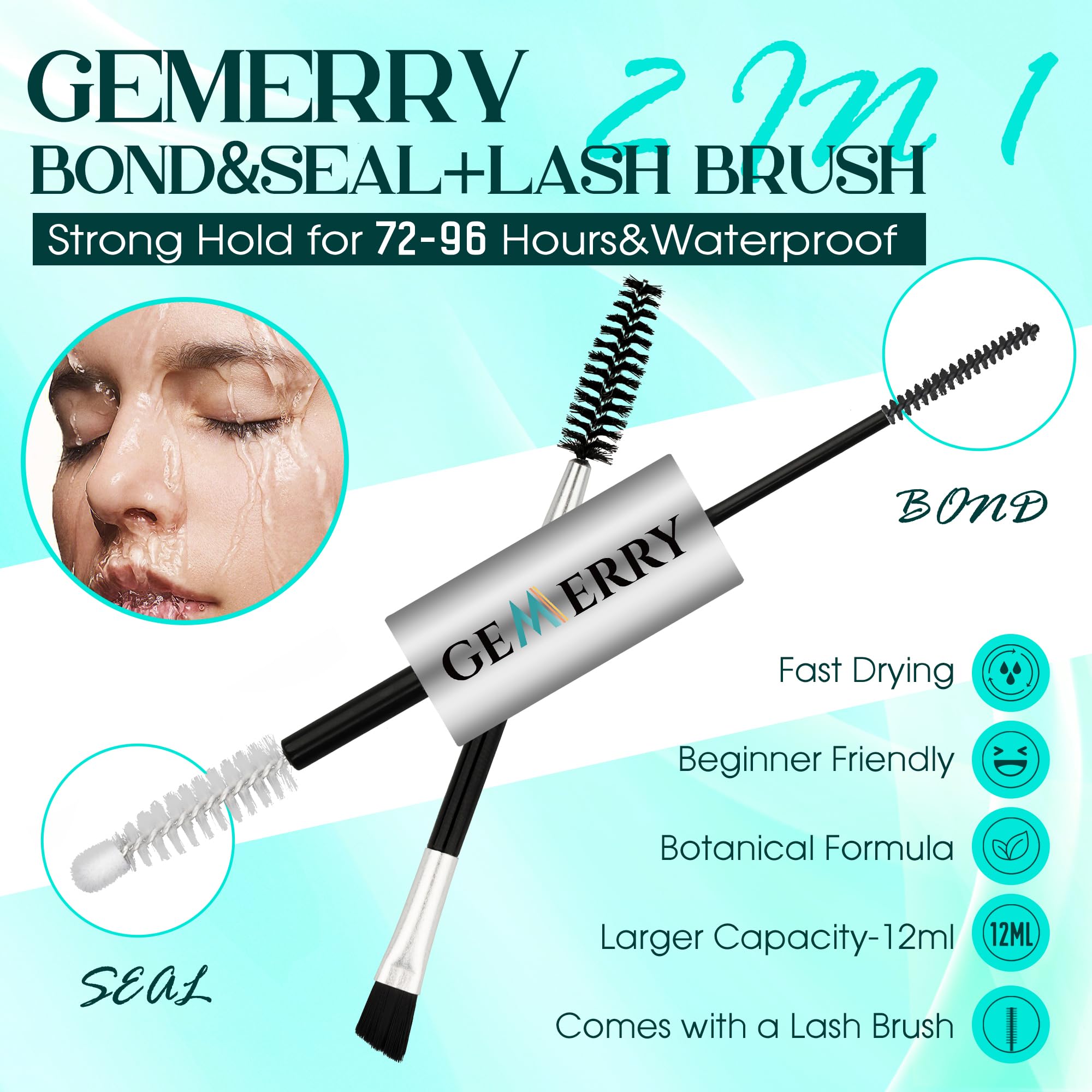 Fast-drying formula from GEMERRY bonds lash clusters quickly and securely.