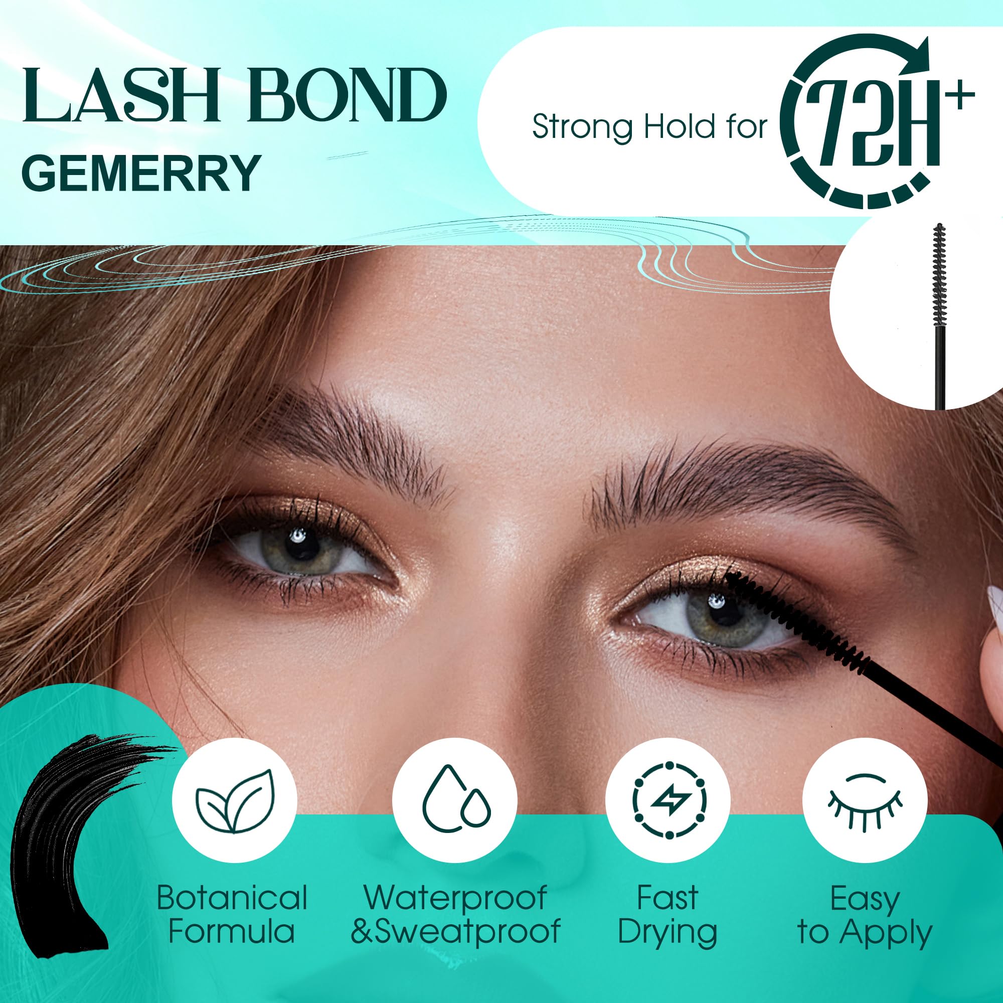 GEMERRY lash glue close-up highlighting waterproof and sweatproof performance.