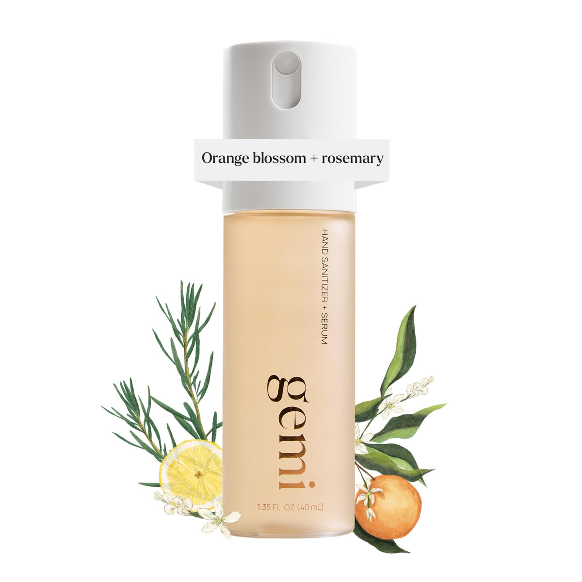 Gemi Solenne hand sanitizer serum bottle shown from the front for daily protection and hydration.