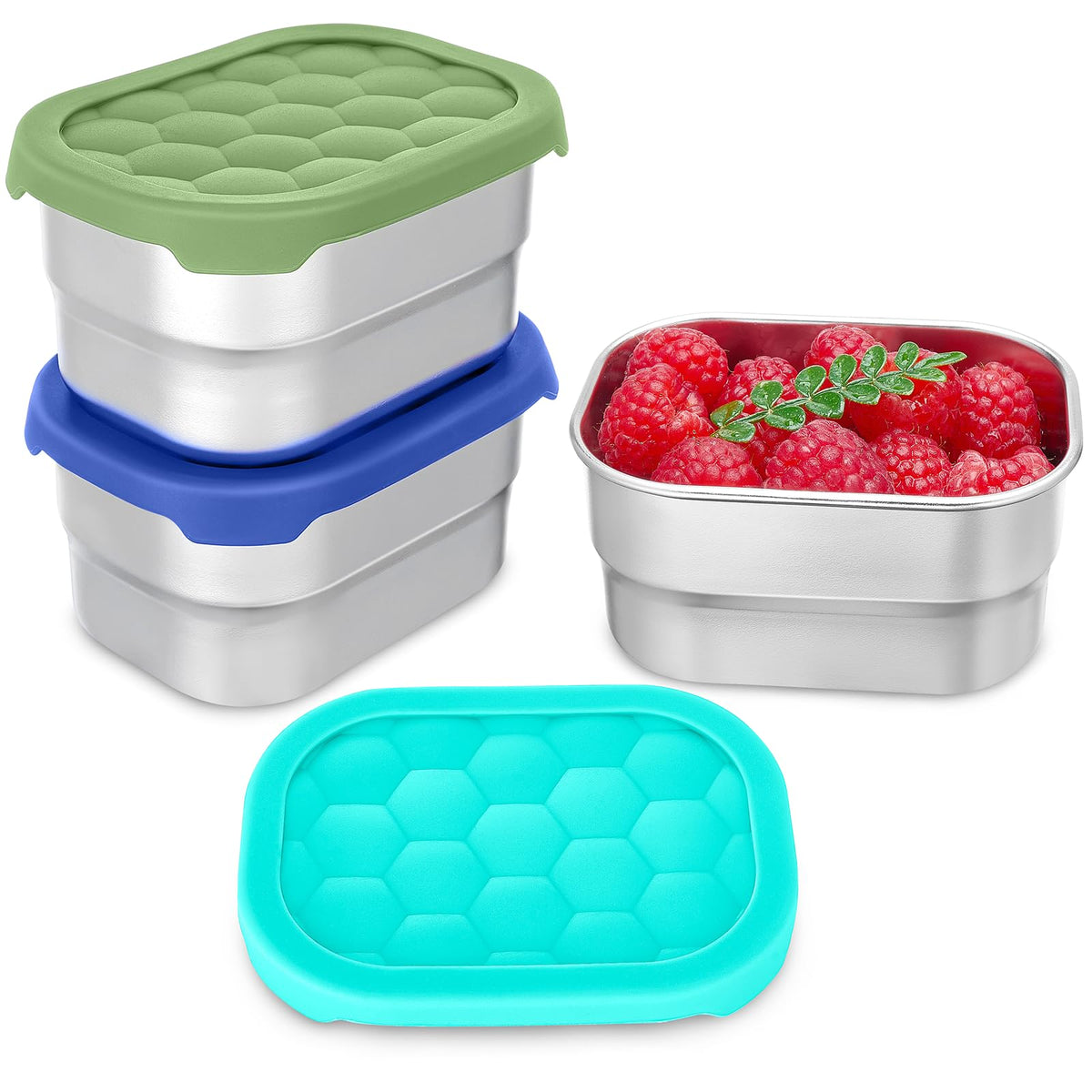 Gencywe 3-pack stainless steel snack containers in blue for school lunches.