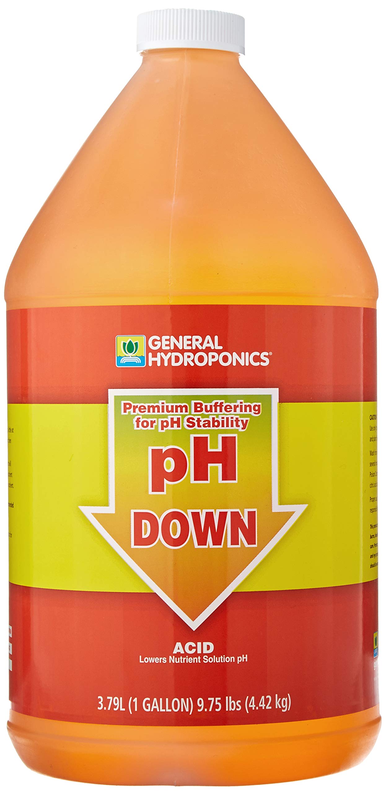 General Hydroponics pH Down bottle pour demonstrates easy dosing for stable pH.