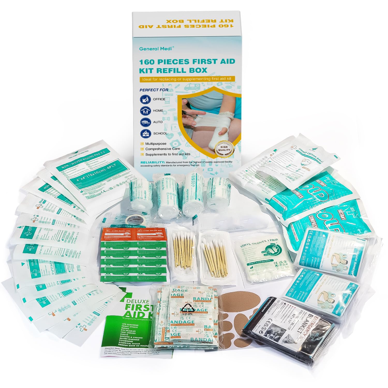 General Medi 160-piece refill pack with comprehensive supplies for home or travel emergencies.