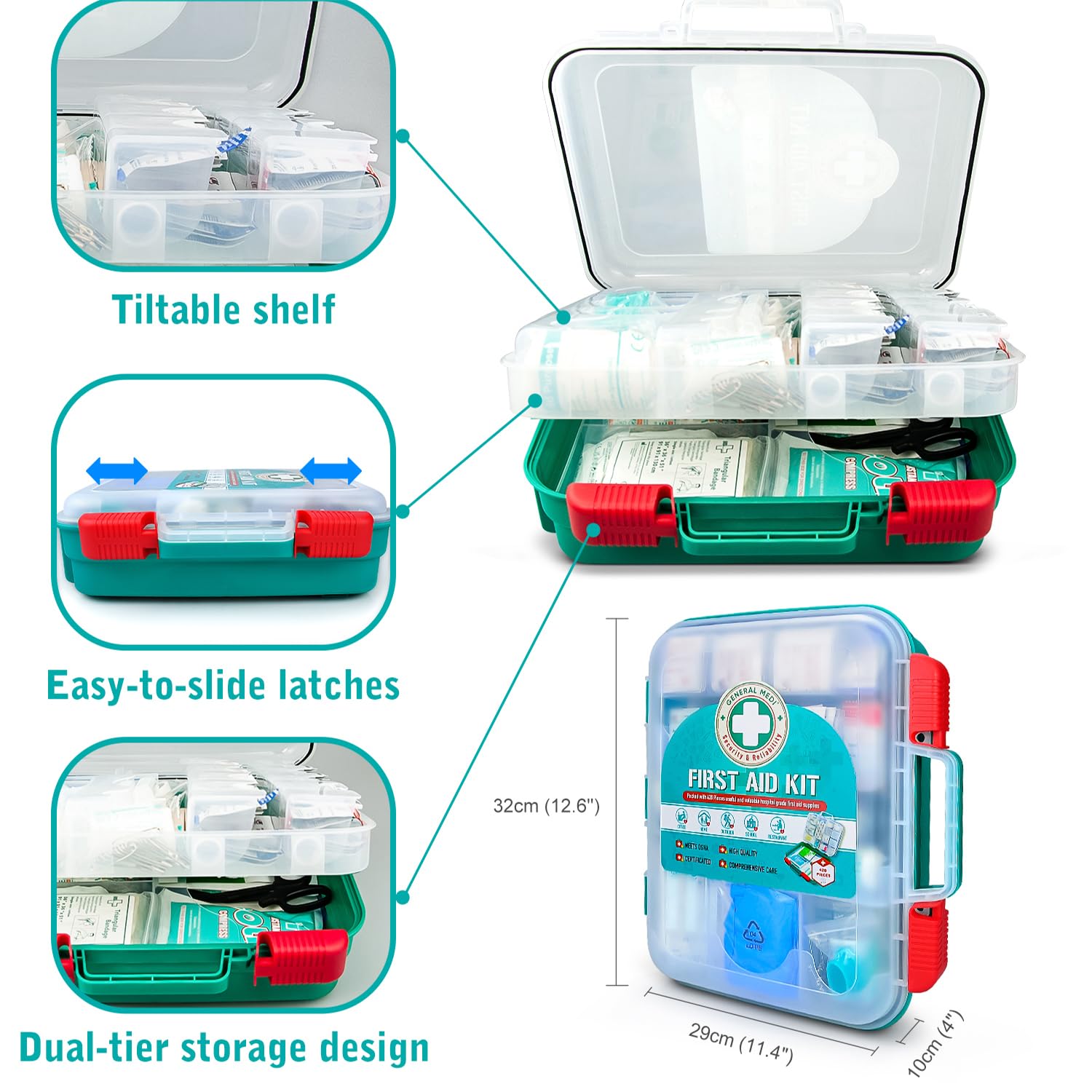 General Medi kit with durable slide latches for secure closure.