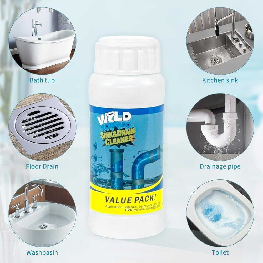 Generic 3PCS Wild Tornado Pipe Dredge bottle next to toilet for rapid drain care.