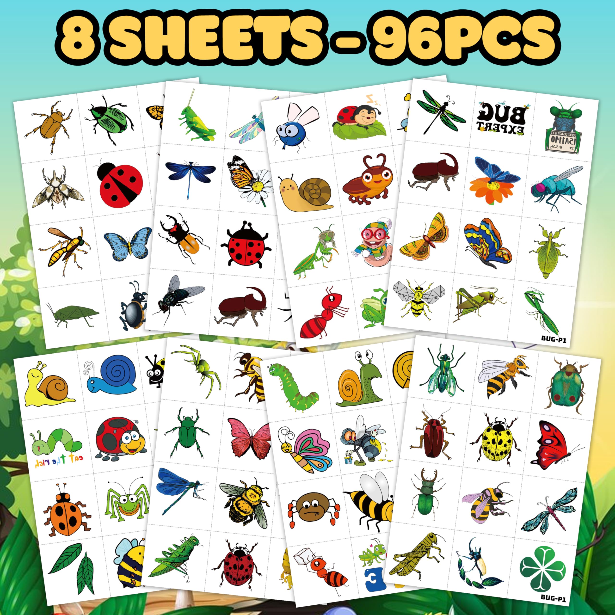 Generic Bug Tattoos dragonfly sheet for kids, bright summer party and craft activities.