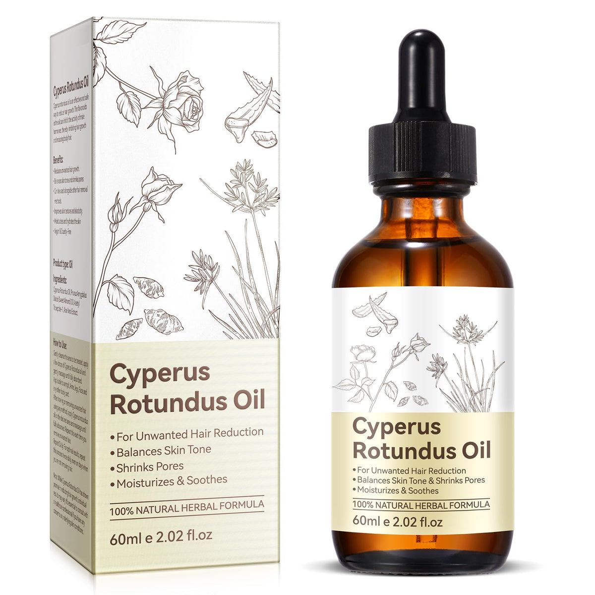 Generic Cyprus Rotundus Oil bottle front for natural hair management and smoother skin