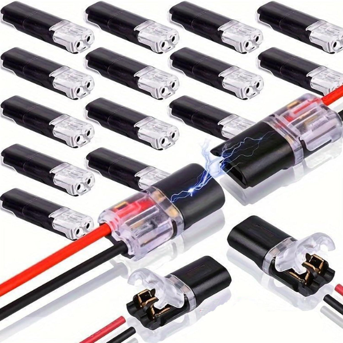 Generic double-wire connector with locking buckle closeup for secure, tool-free wiring