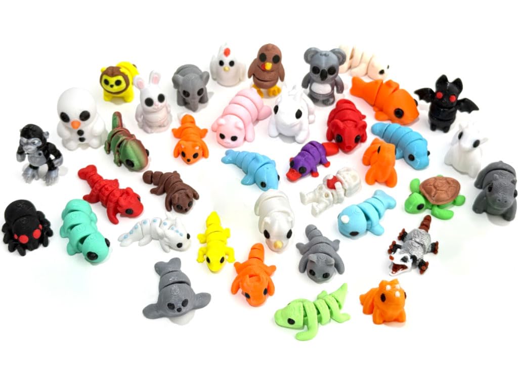 Generic mini 3D printed animals figures set close-up showing detailed textures for tactile play.