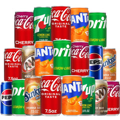 Generic Mini Soda Variety Pack front view of 24 cans with eight flavors for tastings.