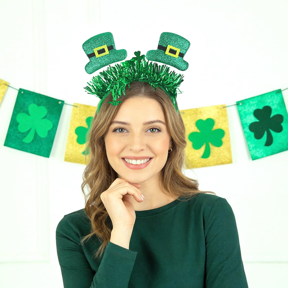 Generic green shamrock headband with sequins ideal for party photos.