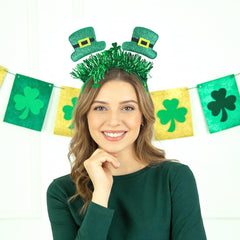 Generic green shamrock headband with sequins ideal for party photos.