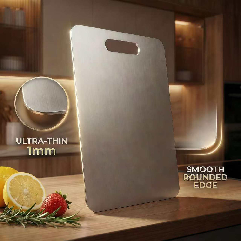 Generic stainless steel cutting board with brushed anti-slip surface improves grip.