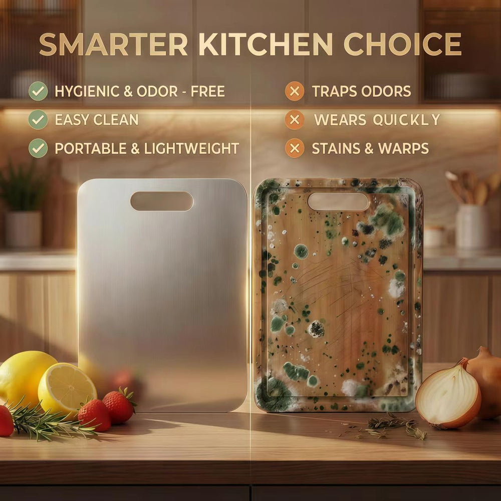 Generic board features knife-friendly steel to reduce slipping while slicing.