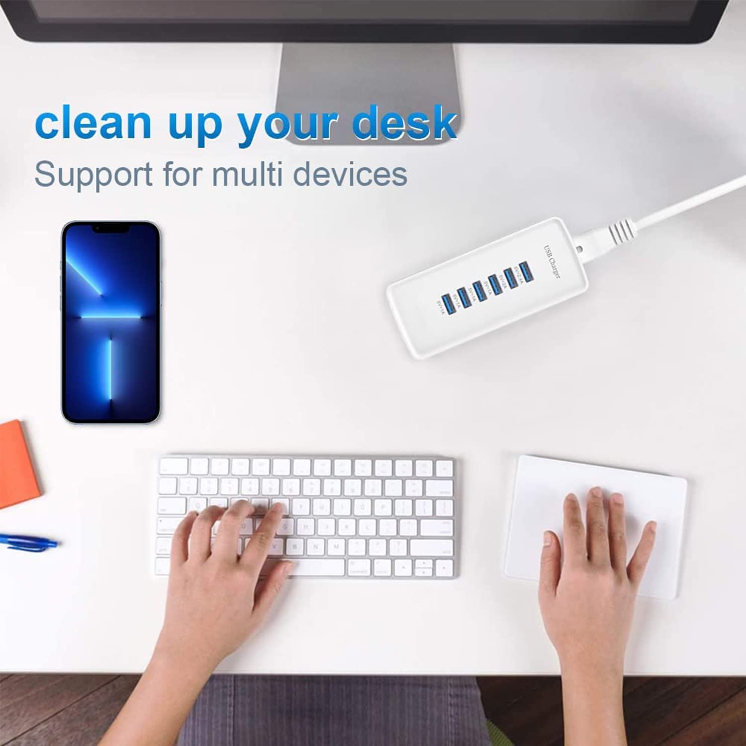 Generic USB Fast Charger six-port desk setup powering phone and tablet together.