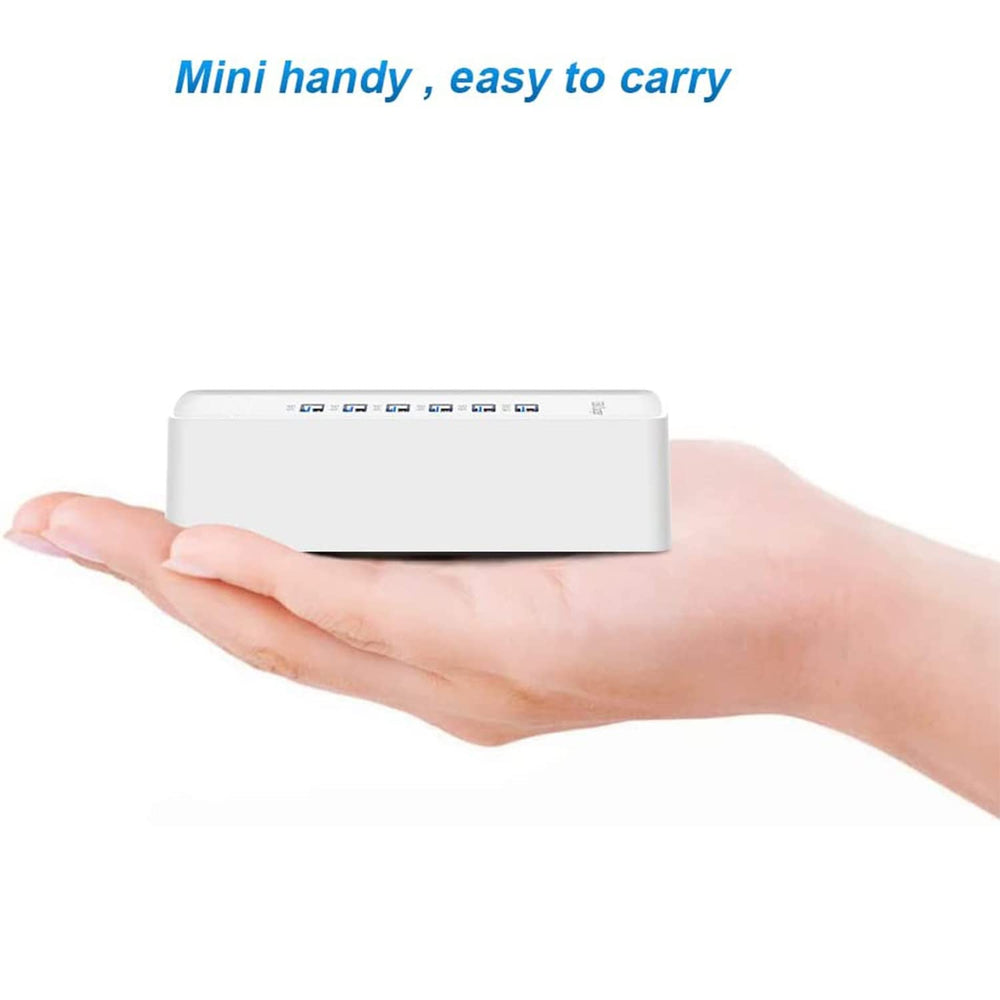 Generic USB Fast Charger six-port travel-friendly design fits in a bag.