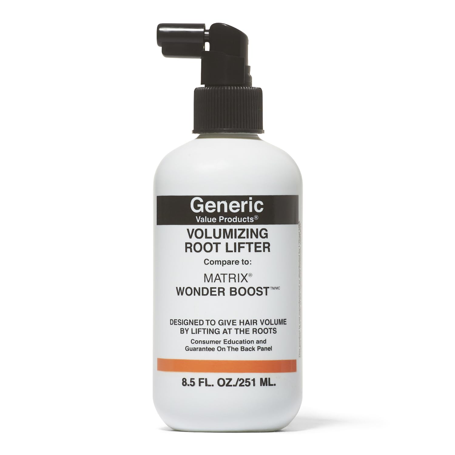 Generic Value Products Volumizing Root Lifter bottle showing weightless body for all hair types