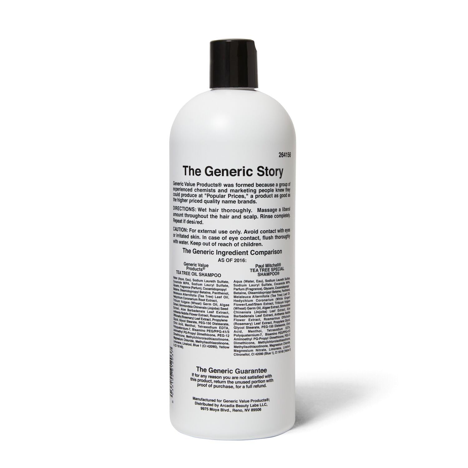 Generic Value Products Tea Tree Oil Shampoo bottle back highlighting scalp care and moisturizing benefits