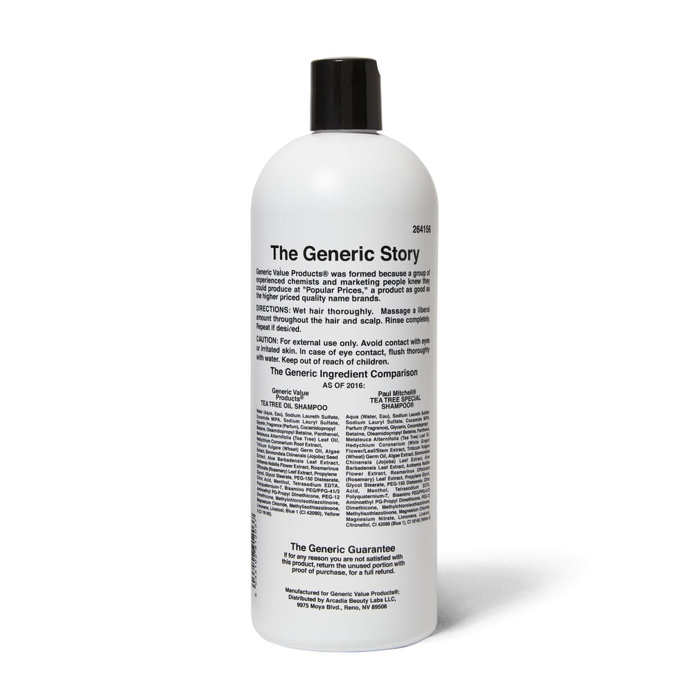 Generic Value Products Tea Tree Oil Shampoo bottle back highlighting scalp care and moisturizing benefits