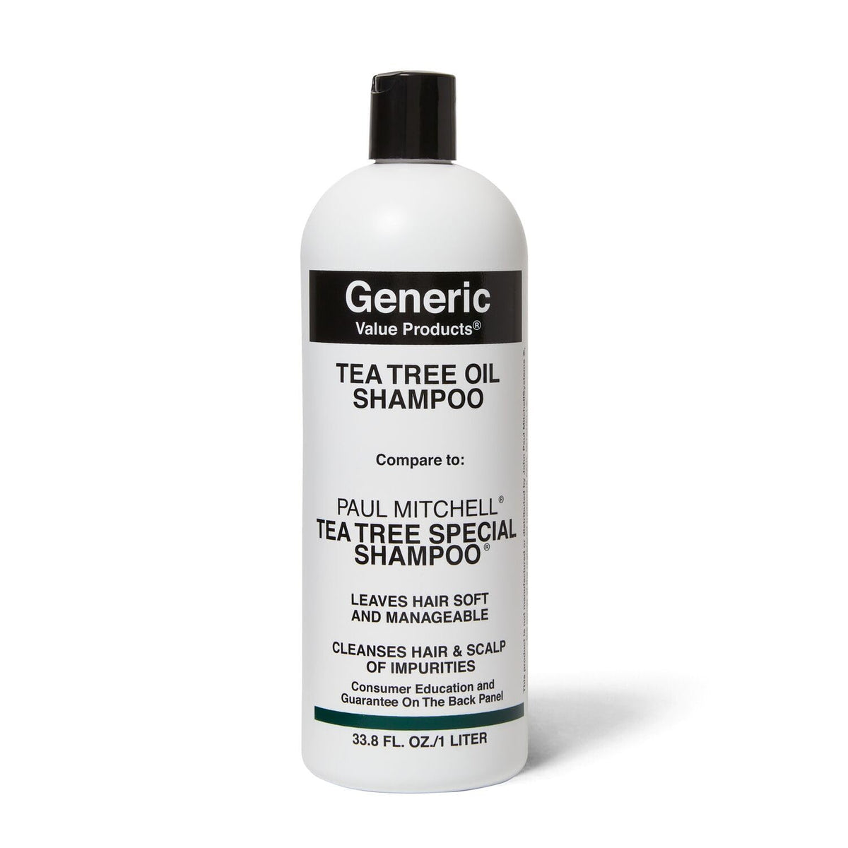 Generic Value Products Tea Tree Oil Shampoo bottle front showing premium packaging and refreshment