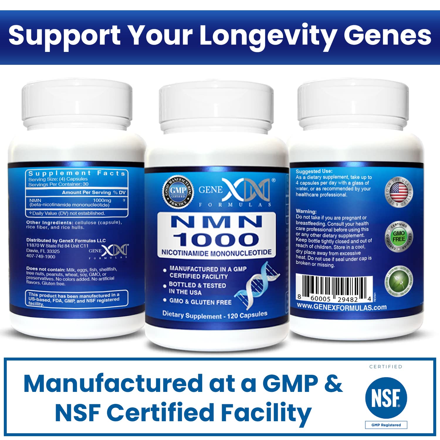 Genex Formulas NMN 1000mg 120 capsules indicating 30 days supply