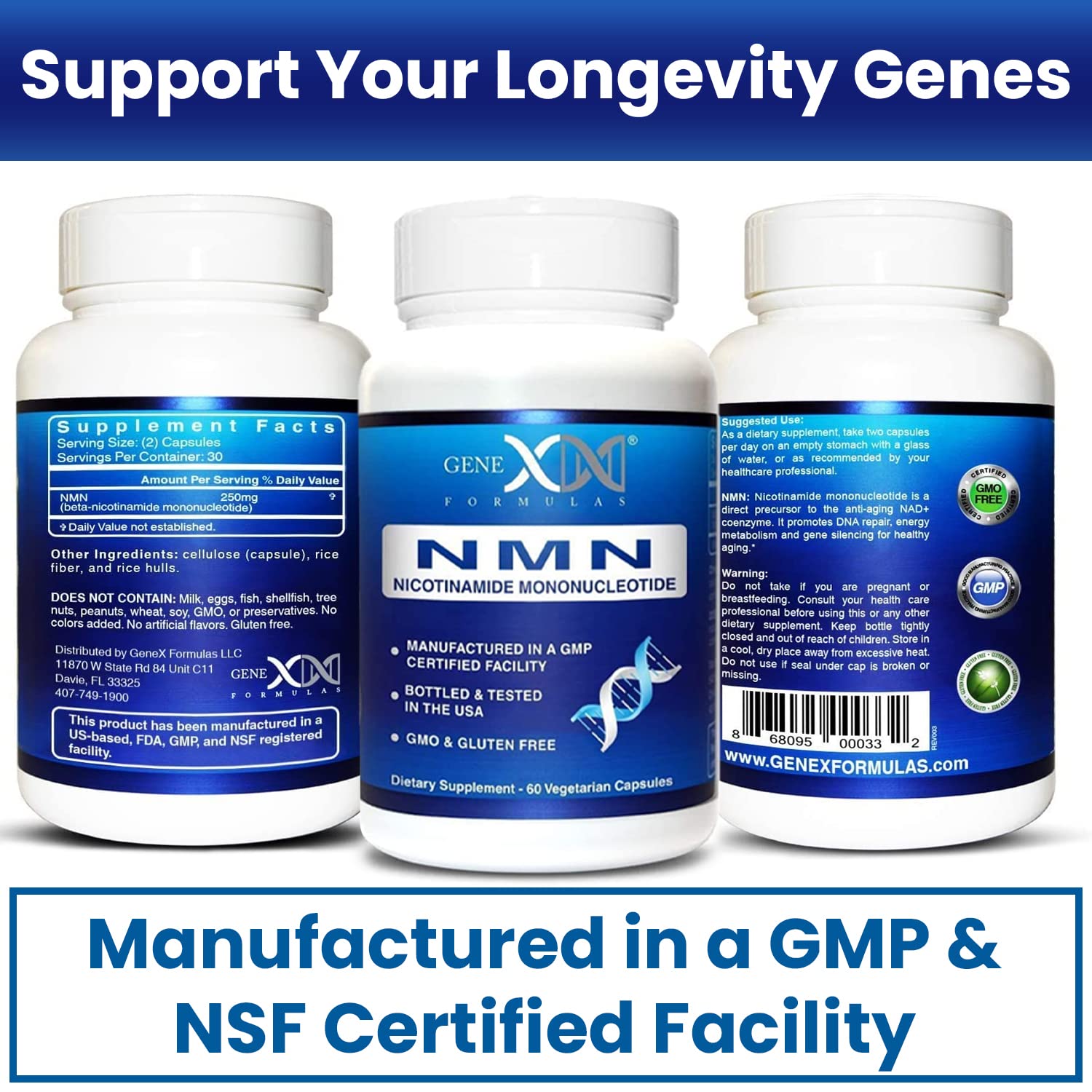 Genex NMN dosage instruction showing 125mg capsule.