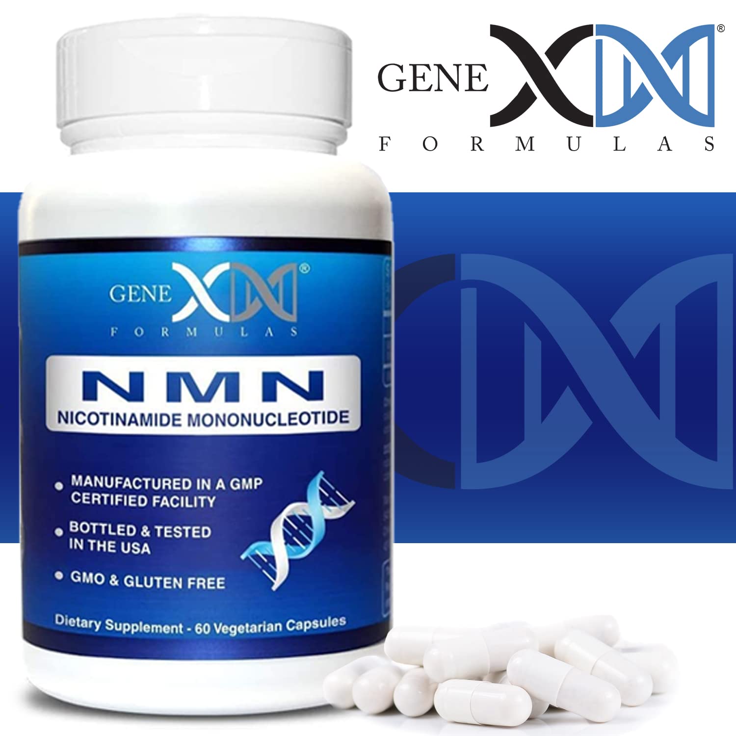 Genex NMN supplement facts highlight non-GMO and vegan ingredients.