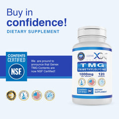 Genex Formulas TMG capsules closeup highlighting high-quality, glycine-derived TMG for easy dosing